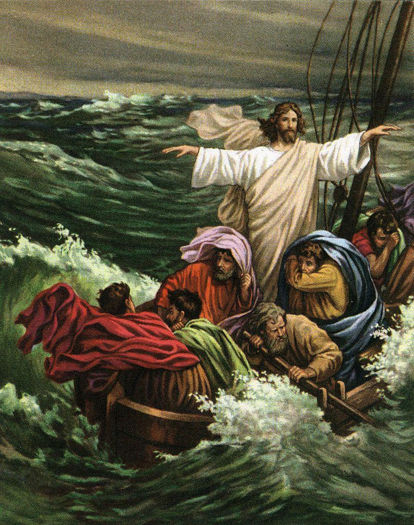 Vintage illustration of the miracle of Christ calming the storm on the Sea of Galilee (screen print), 1930s.