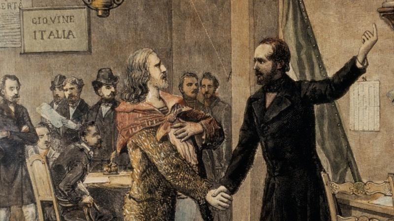 ilustração mostra primeiro encontro entre o jovem Garibaldi e o político republicano italiano Giuseppe Mazzini, na cidade francesa de Marselha, em 1833