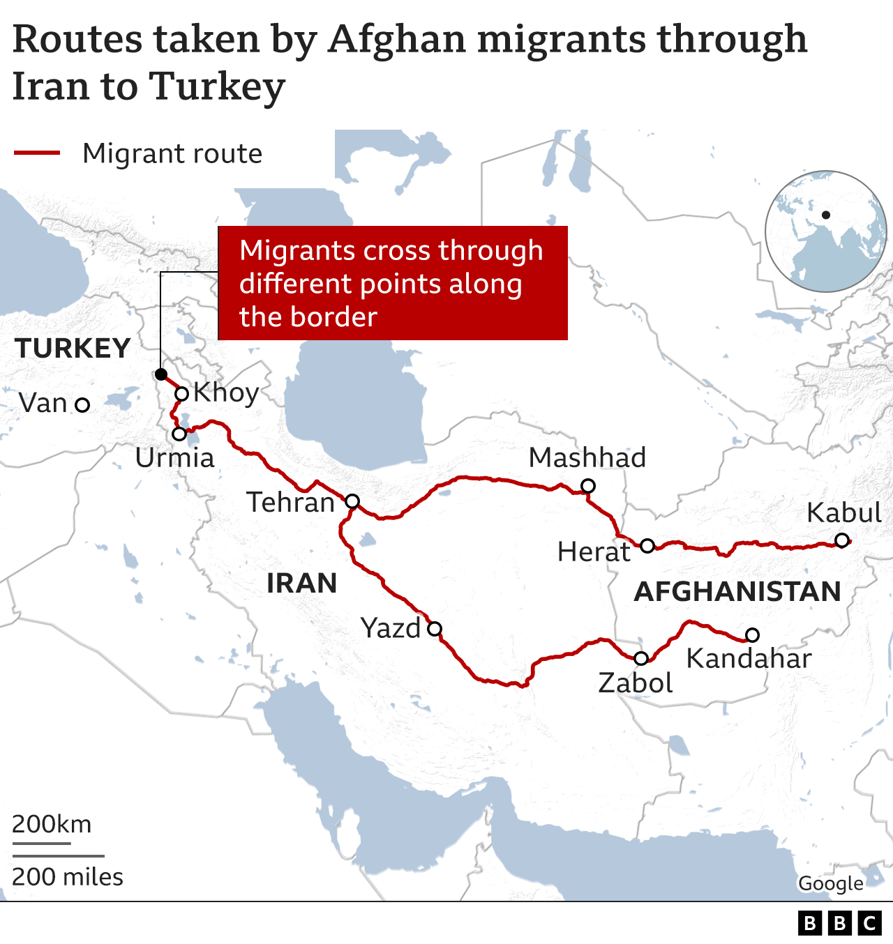 Map shows routes taken by Afghan migrants through Iran to Turkey 