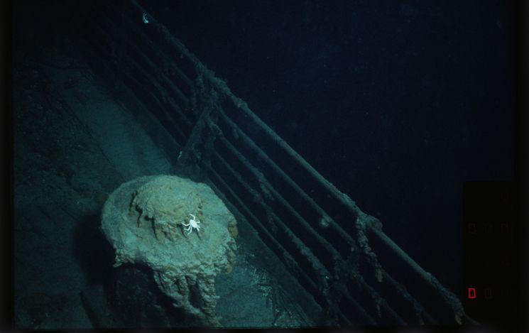 Um caranguejo rasteja em um poste de amarração do Titanic enquanto ele está no fundo do Oceano Atlântico, ao sul de Newfoundland