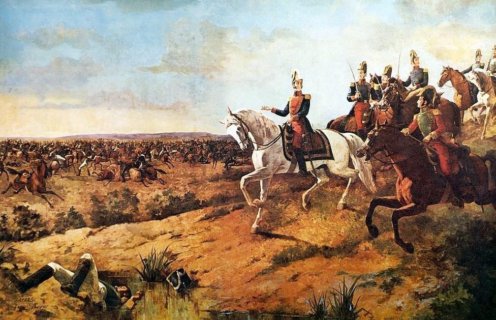 Bolívar sobre su caballo blanco dirigiendo sus tropas en la Batalla de Junín