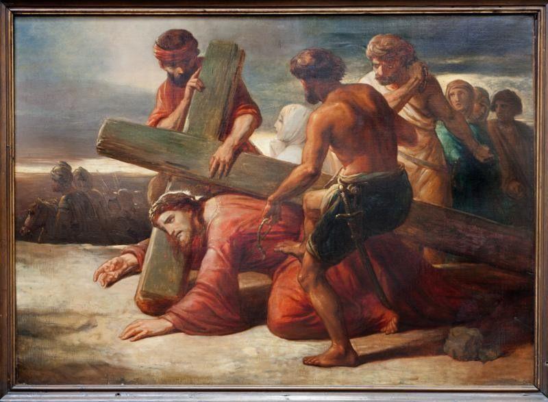 لوحة بعنوان "السقوط الأول ليسوع حاملا الصليب" للرسام البلجيكي شارل ووترز القرن الـ 19