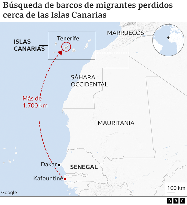 Mapa de la búsqueda de los barcos perdidos de migrantes cerca de las Islas Canarias