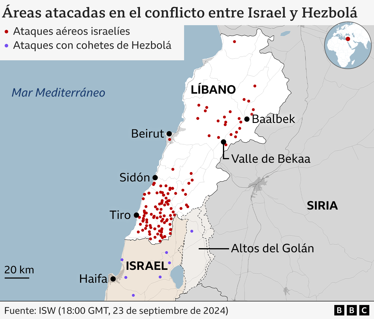 Mapa que muestra las zonas atacadas en el conflicto entre Israel y Hezbolá. 