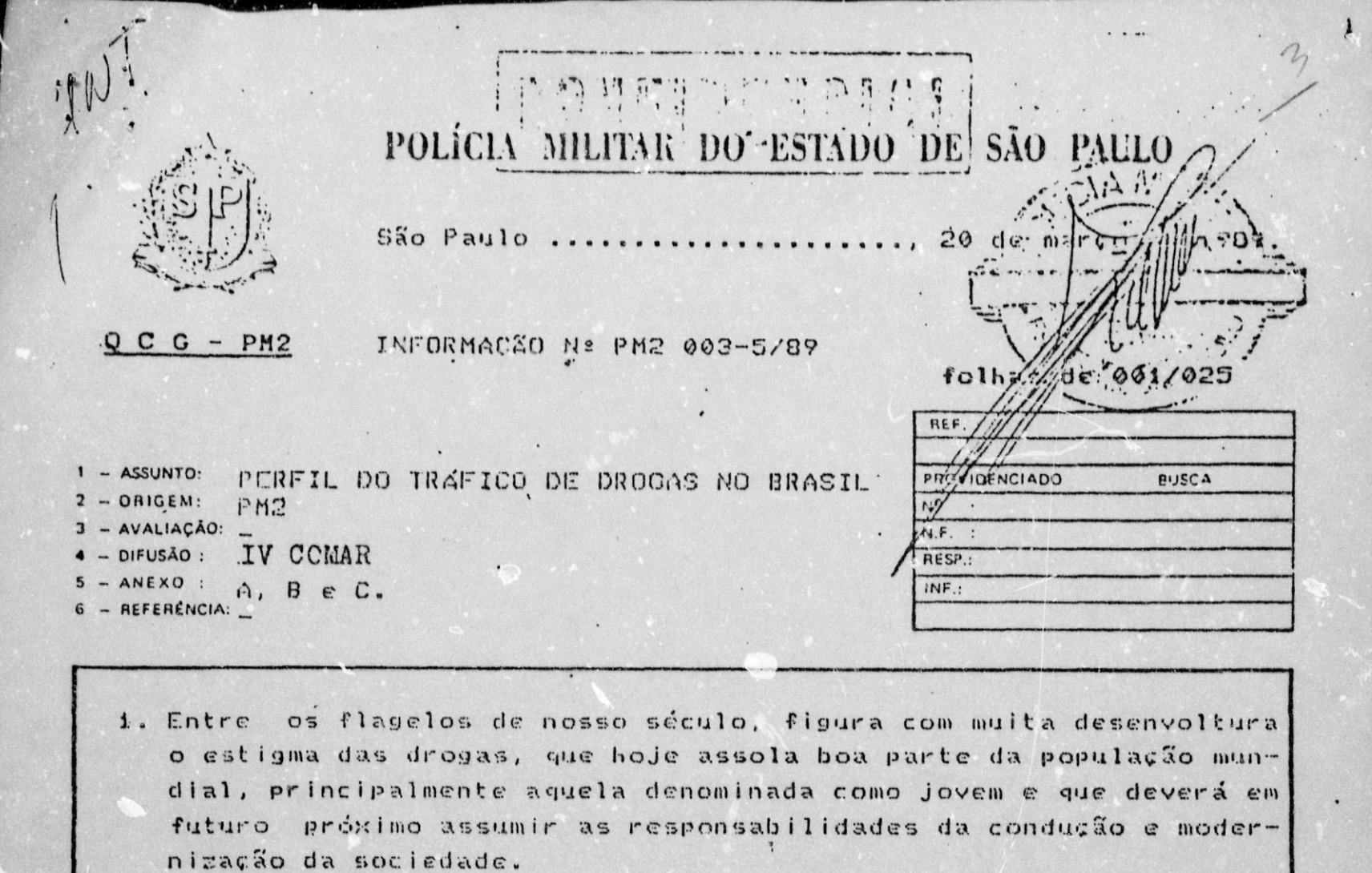 Imagem de relatório da Polícia Militar do Estado de São Paulo nos anos 80, com o 