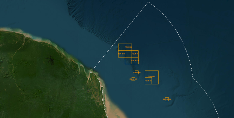 Mapa da bacia da foz do Amazonas com possíveis locais para perfuração de petróleo