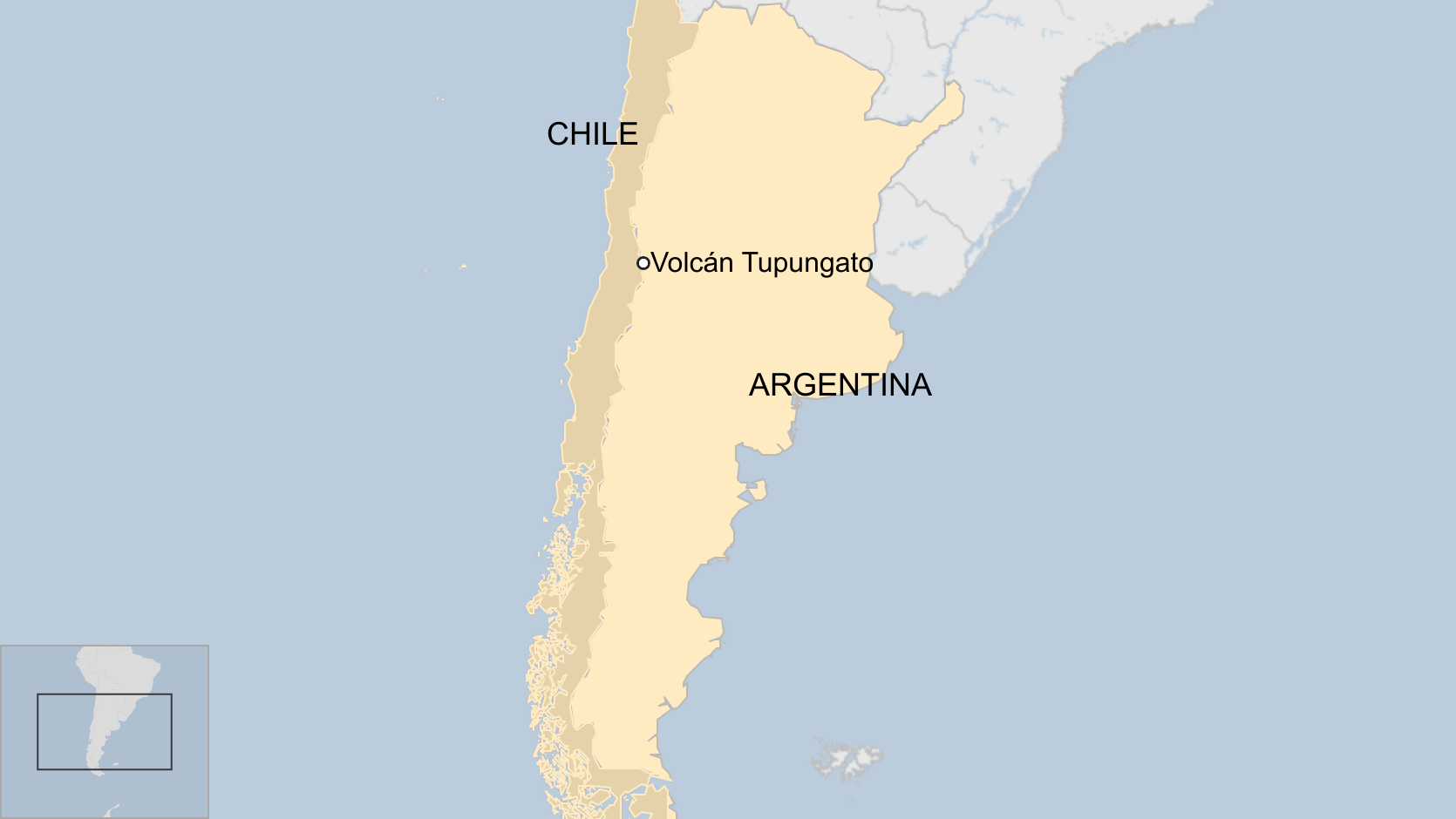 Mapa donde aparece Argentina y señalado el volcán Tupungato.