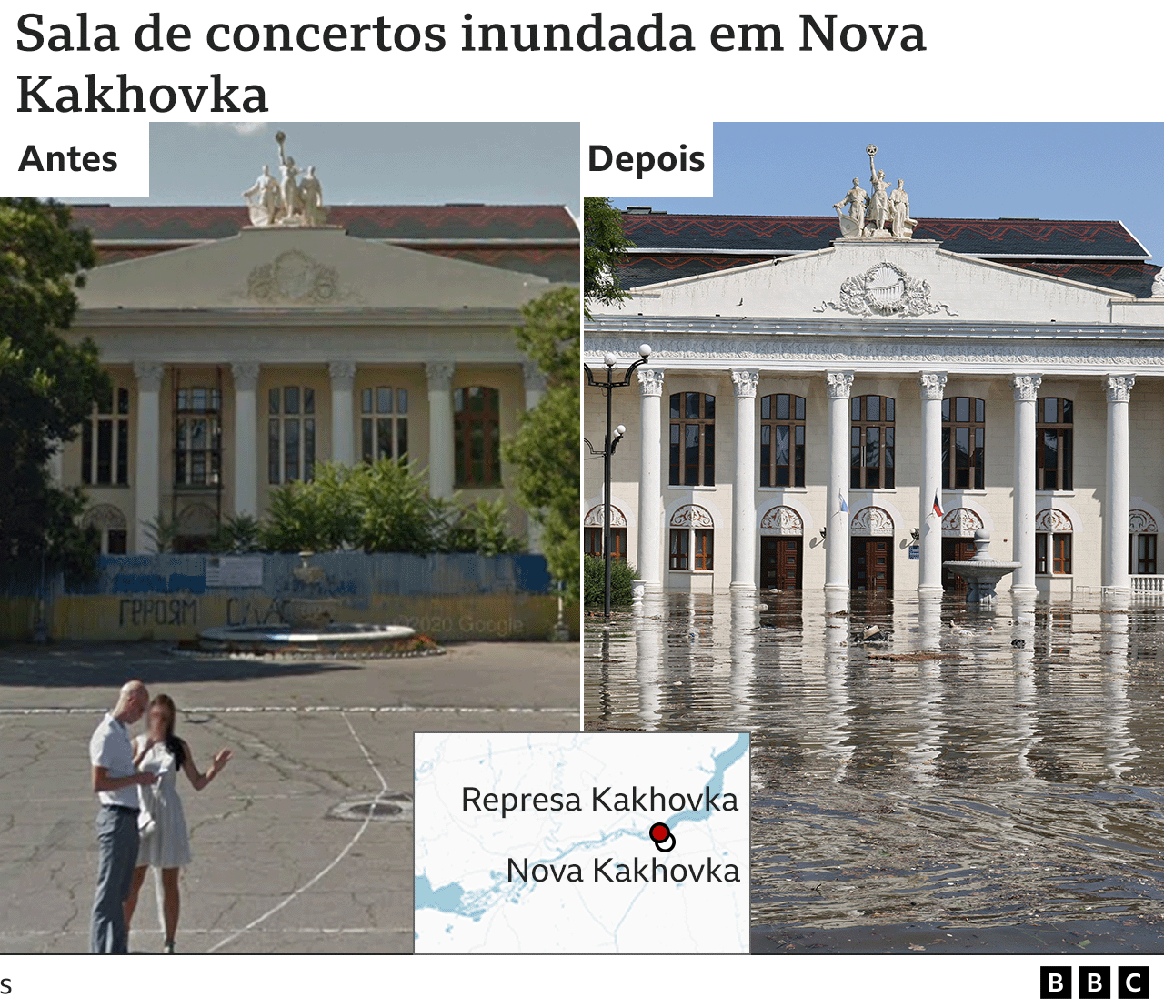Imagens antes e depois da inundação da sala de concertos em Nova Kakhova