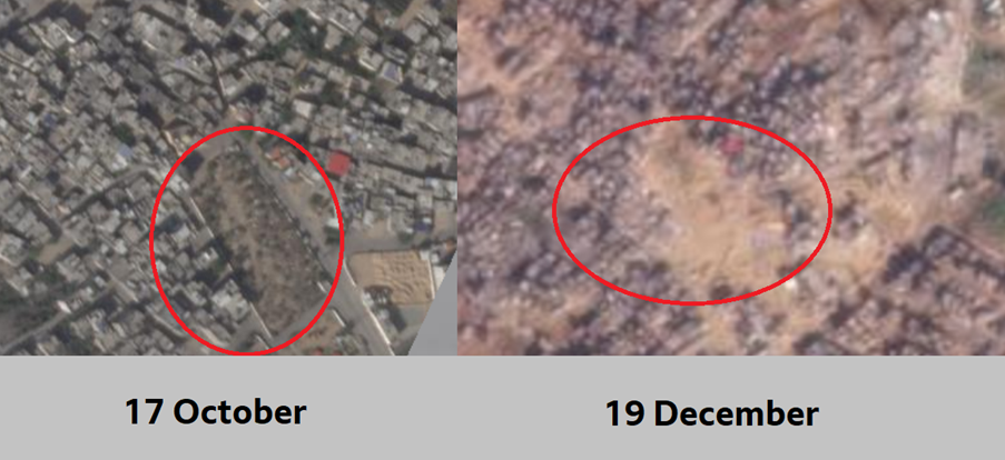 صورة ملتقطة بالأقمار الصناعية تظهر مقبرة بيت حانون قبل (شمال) وبعد التدمير (يمين)