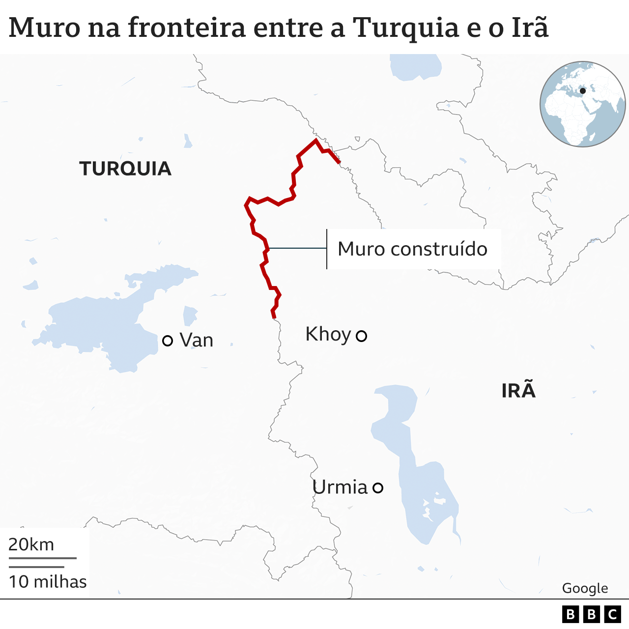 Mapa mostra muro na fronteira do Irã com a Turquia