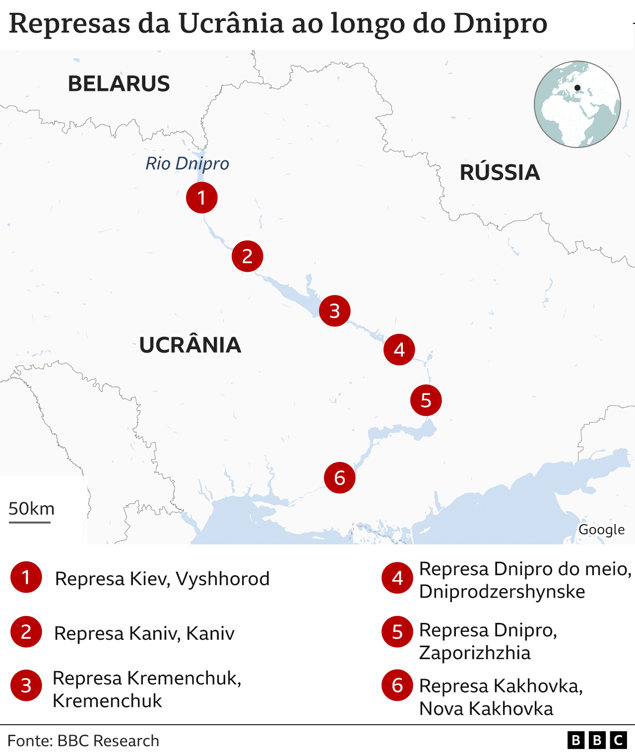 Mapa mostrando barragens ao longo do Rio Dnipro na Ucrânia