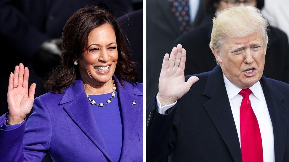 Imagem composta mostra, à esquerda, Kamala Harris fazendo o juramento de posse para se tornar vice-presidente em 2021, e, à direita, Donald Trump fazendo o juramento de posse para se tornar presidente dos EUA em 2017