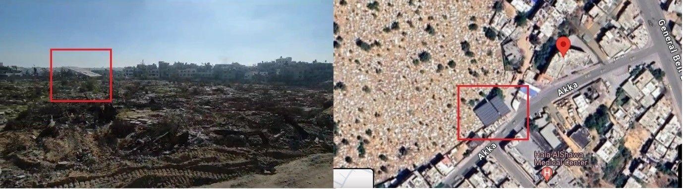 صور تظهر تطابق الألواح الشمسية الموجودة في مقبرة بيت لاهيا في صور الأقمار الصناعية (يمين) ومقطع مصور حصلت عليه لبي بي سي (شمال)