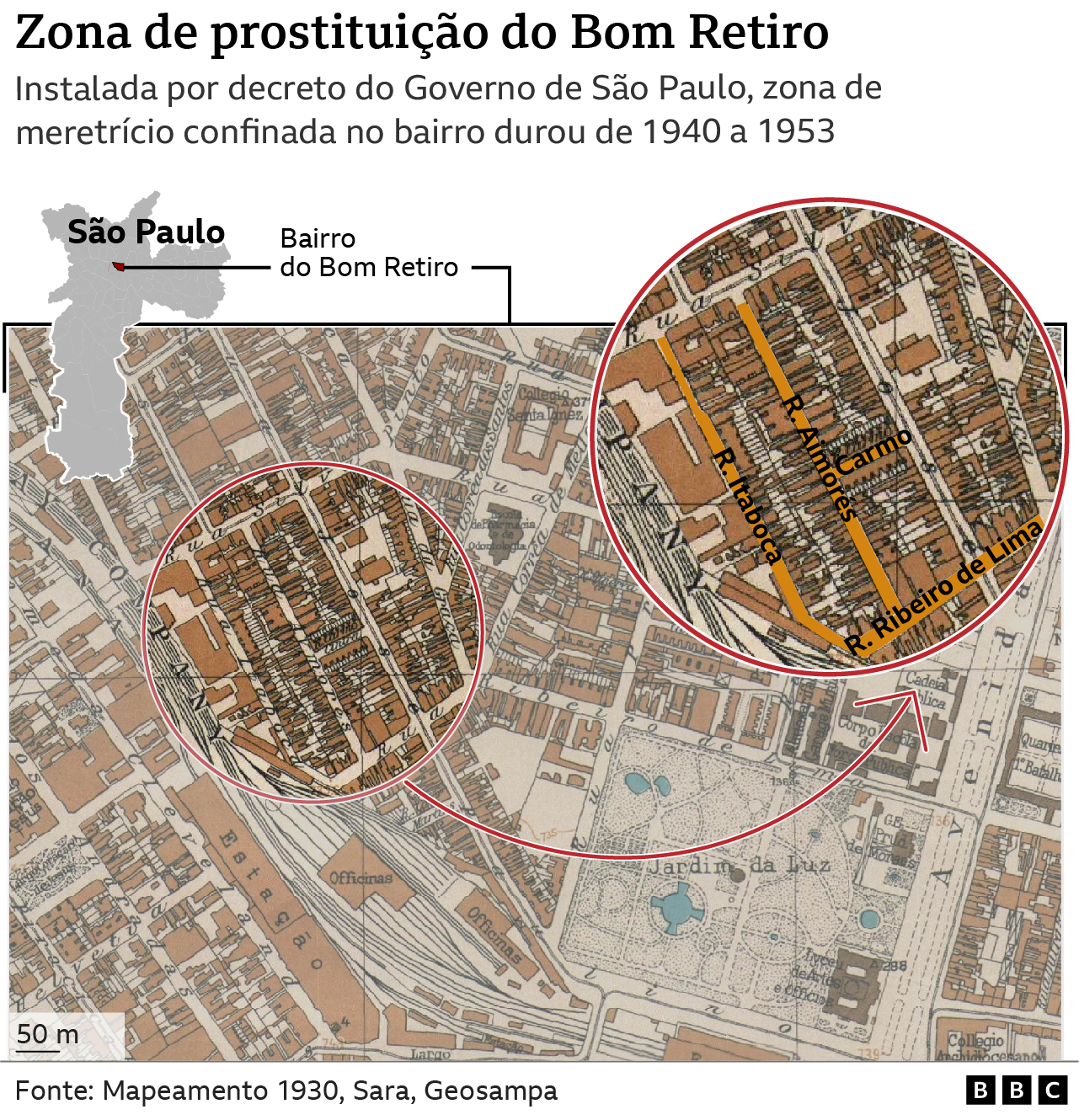 Mapa de São Paulo nos anos 1930, destacando as ruas Itaboca, Aimorés, Carmo Cintra e Ribeiro de Lima, onde funcionou a zona do meretrício entre 1940 e 1953