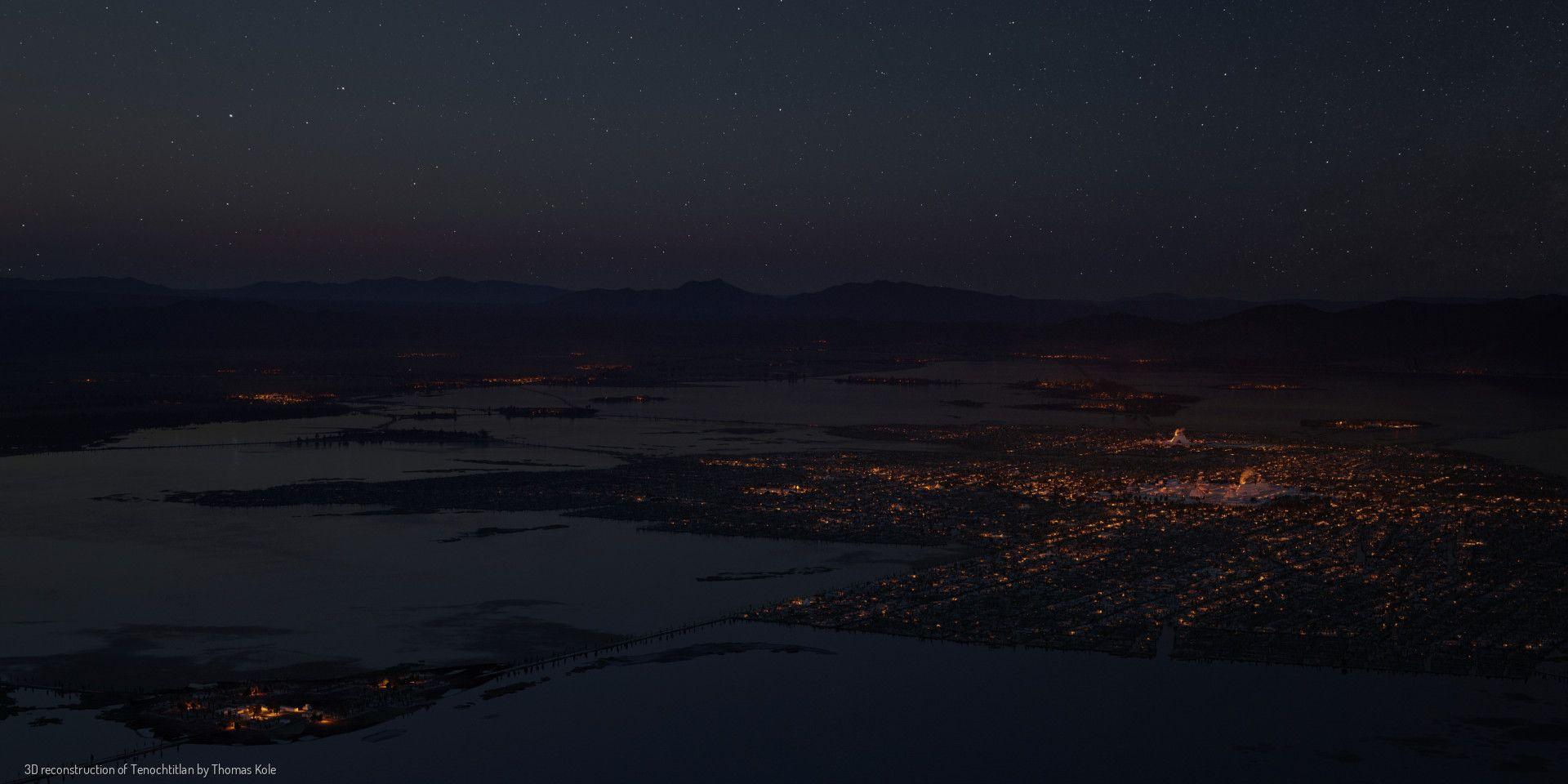 Una visualización panorámica de Tenochtitlan de noche