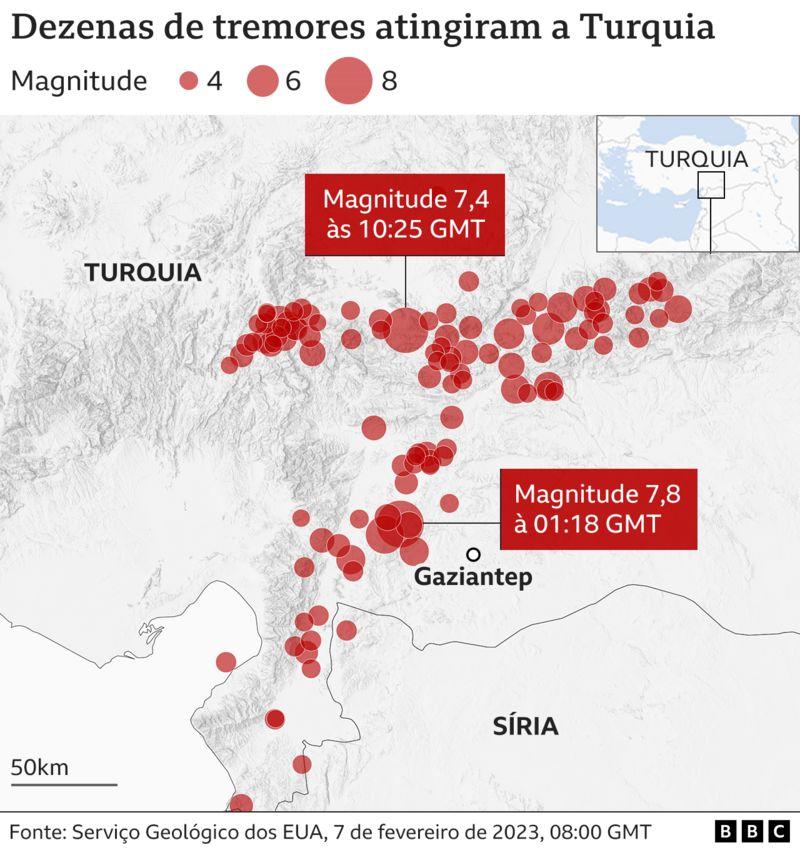 Mapa dos terremotos na Síria e Turquia