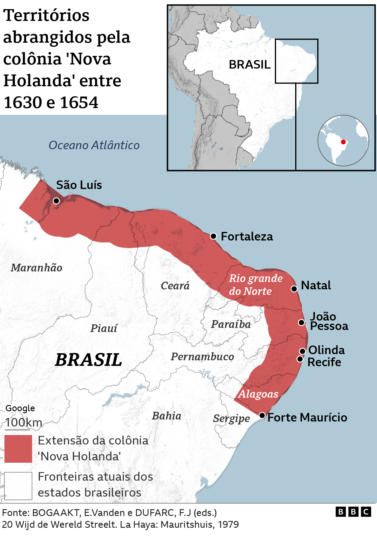 Mapa do território que abrangia a colônia 'Nova Holanda'