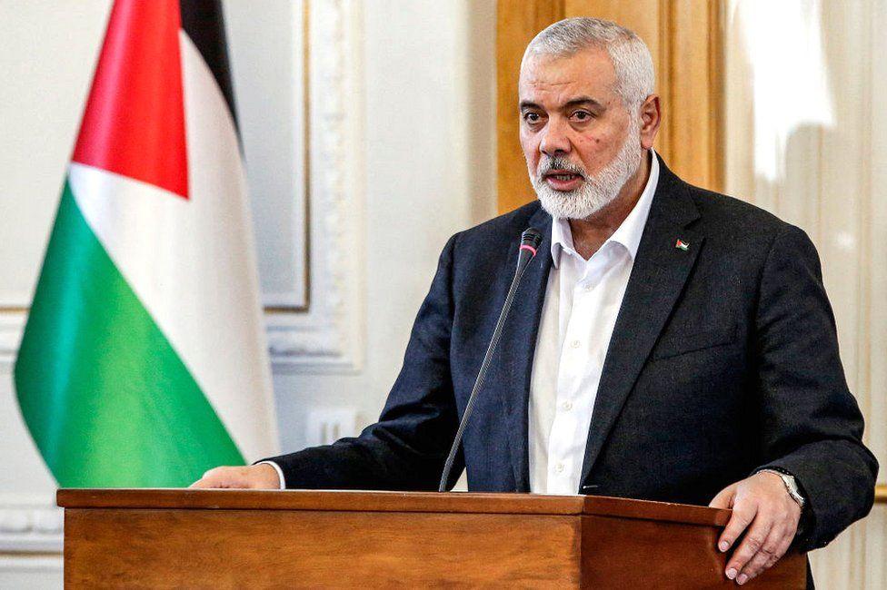 Ismail Haniyeh, the Doha-based political bureau chief of the Palestinian Islamist movement Hamas, speaks to the press after a meeting with the Iranian foreign minister in Tehran in March 2024
