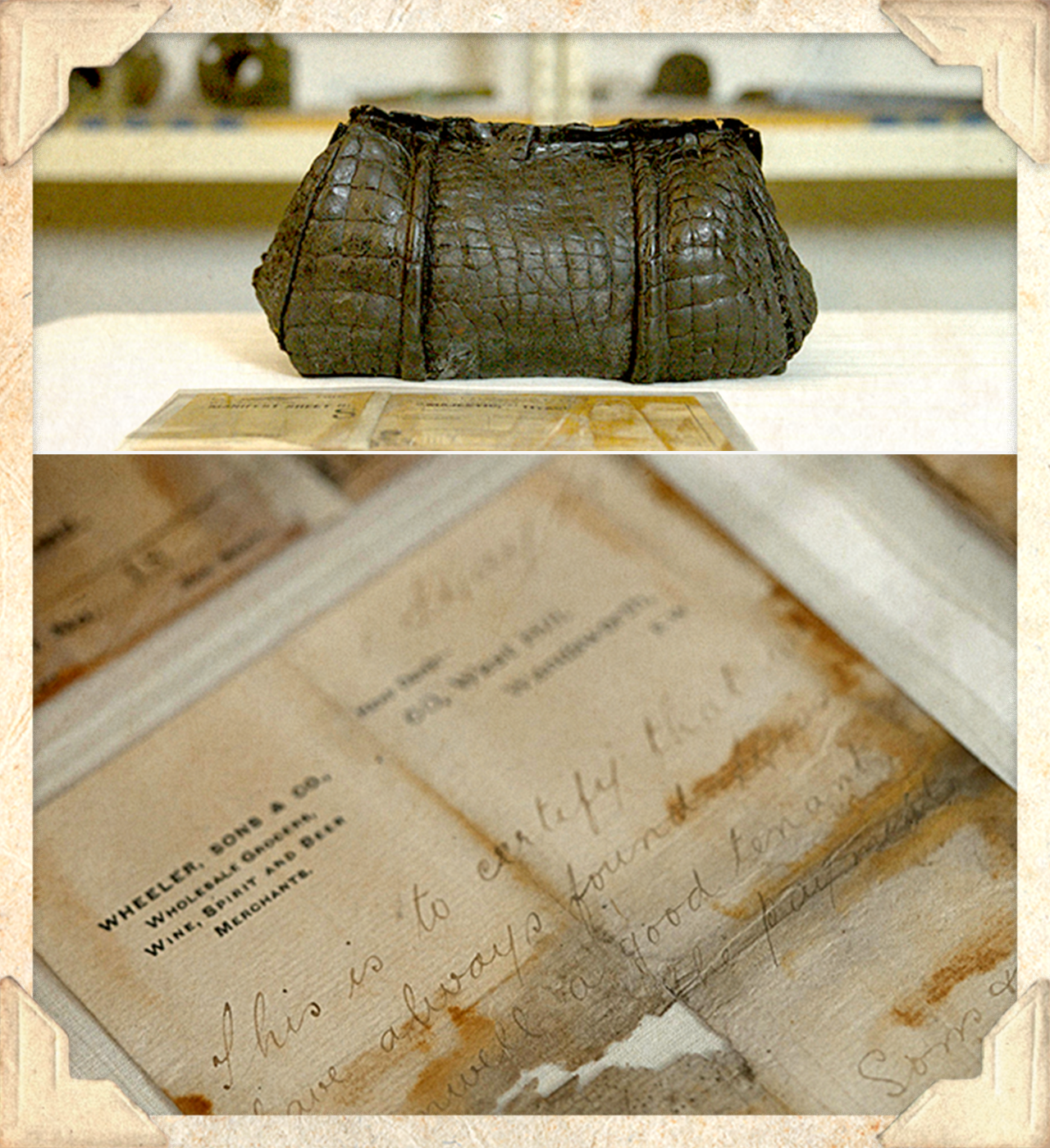 A crocodile wallet and a water-damaged letter, both owned by Marian Meanwell.