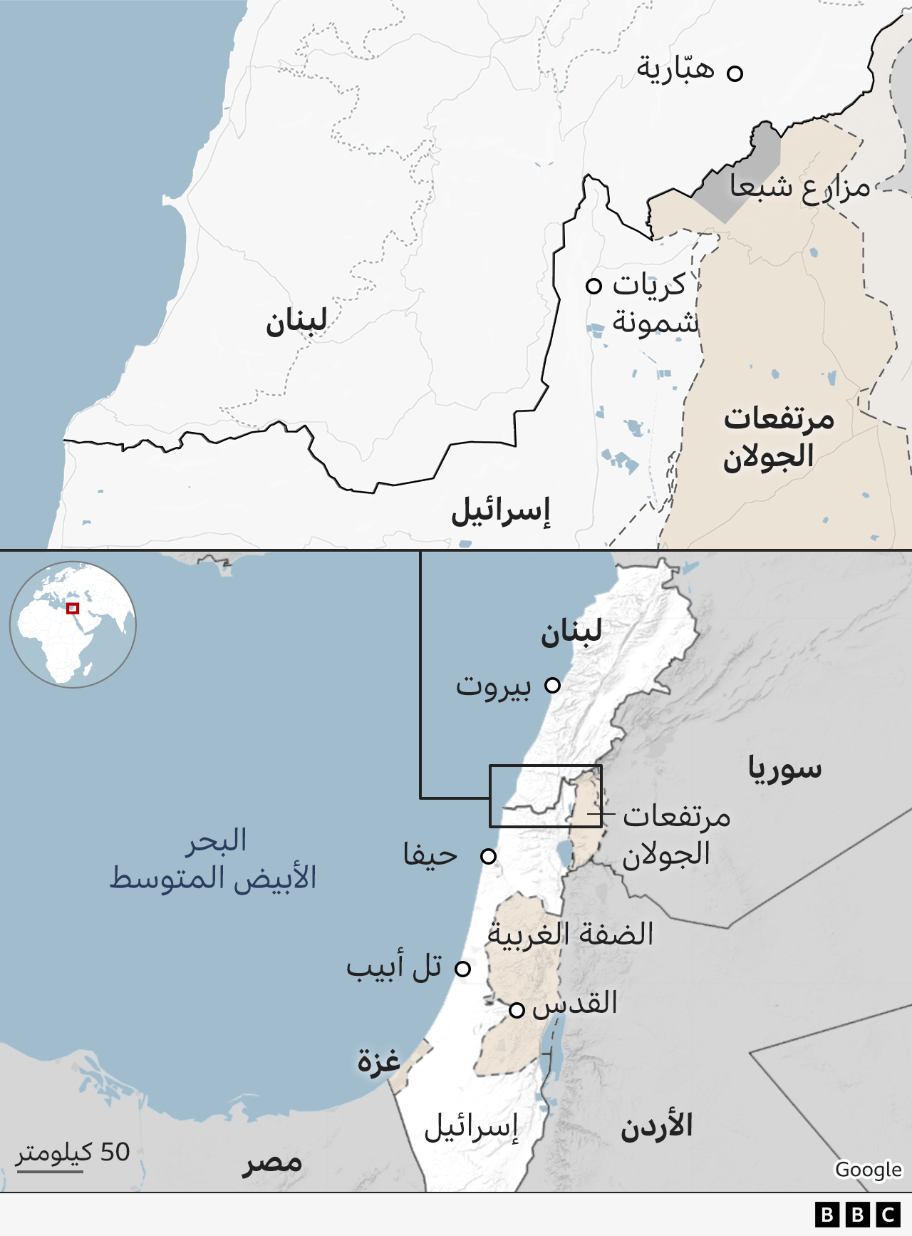 خريطة لبنان وإسرائيل