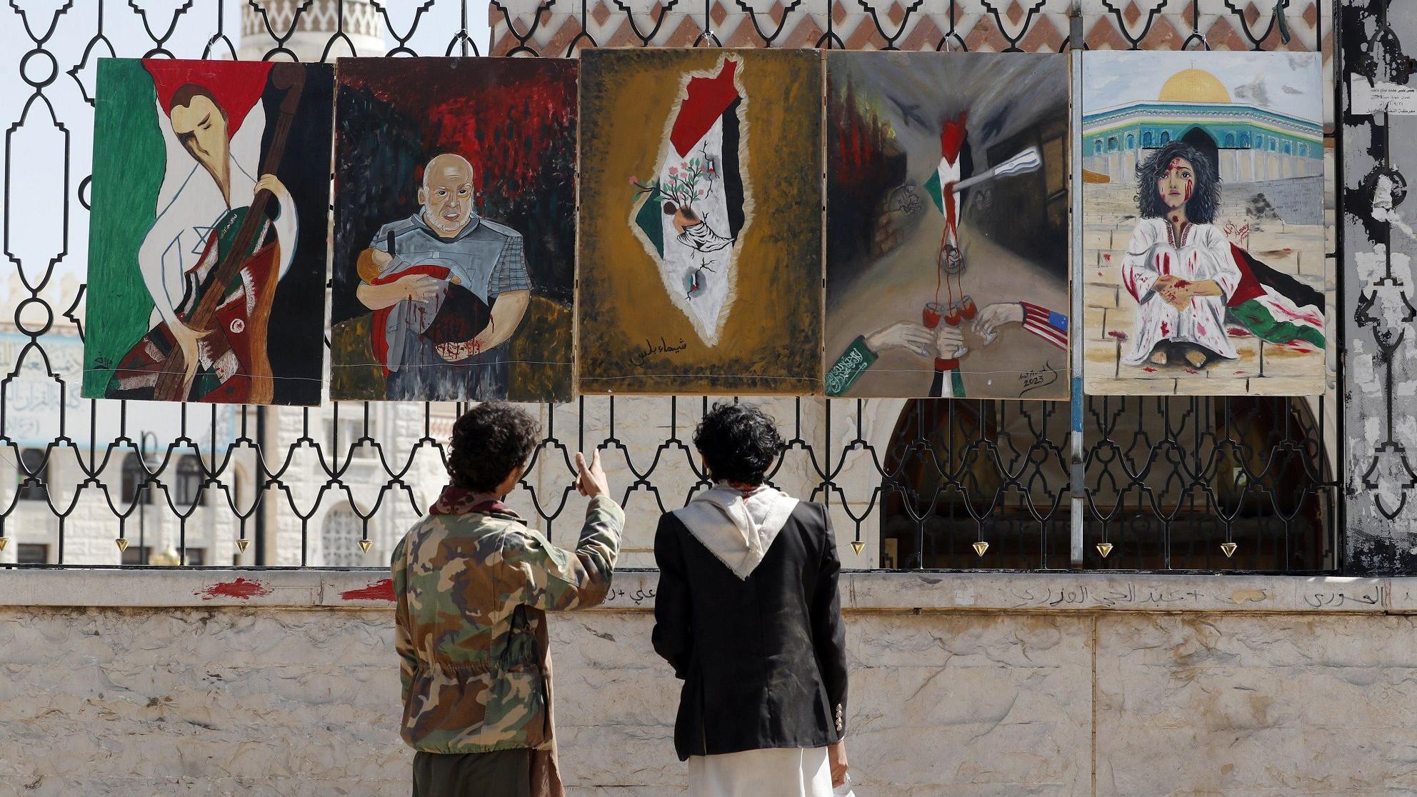 رسومات على الجدران في اليمن تضامنا مع الفلسطينيين