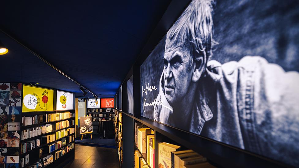 Portrait of Milan Kundera in the library dedicated to his work in Brno, Czech Republic. 