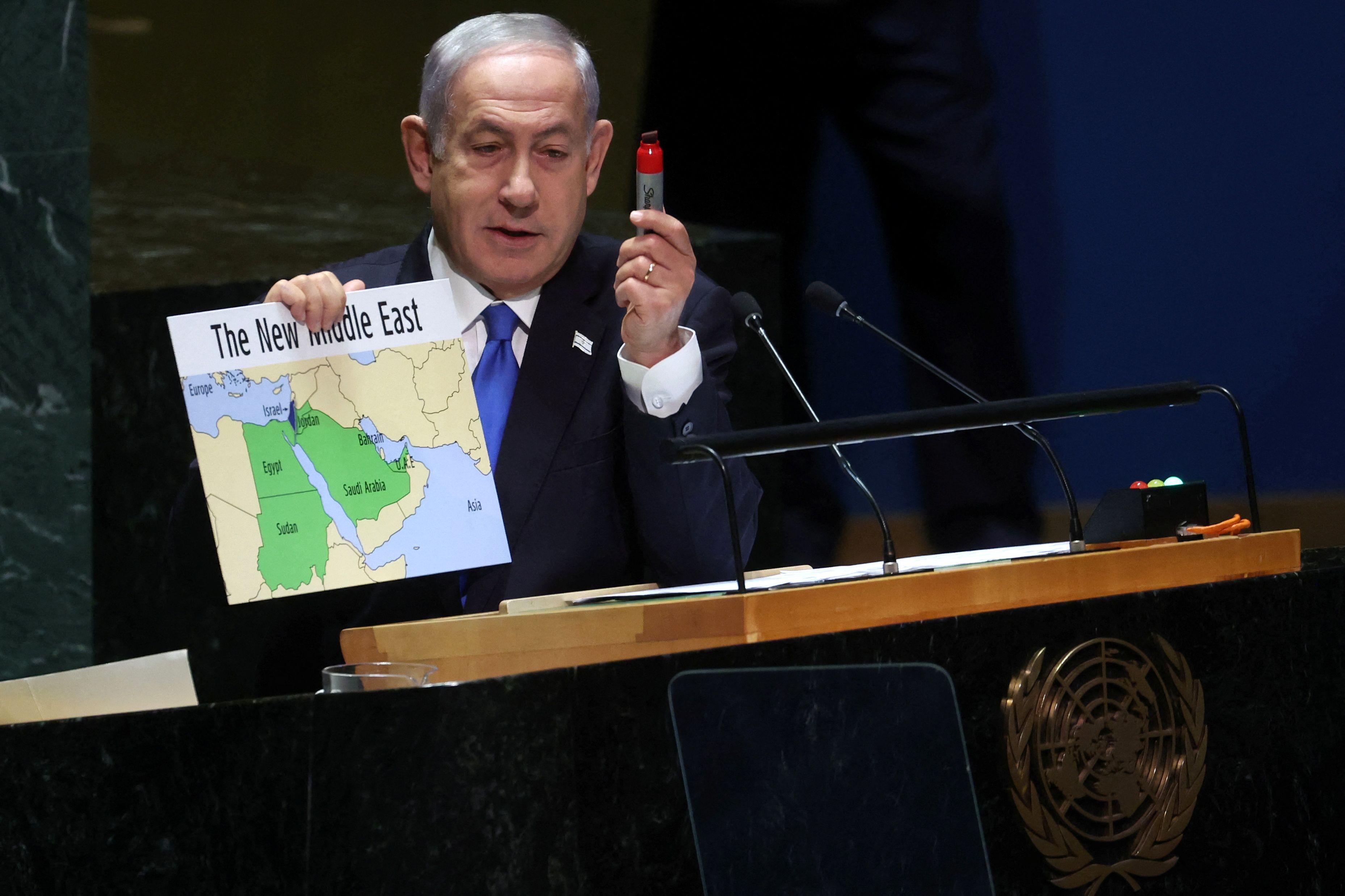 Benjamín Netanyahu muestra un mapa titulado "el Nuevo Oriente Medio" en la Asamblea General de la ONU