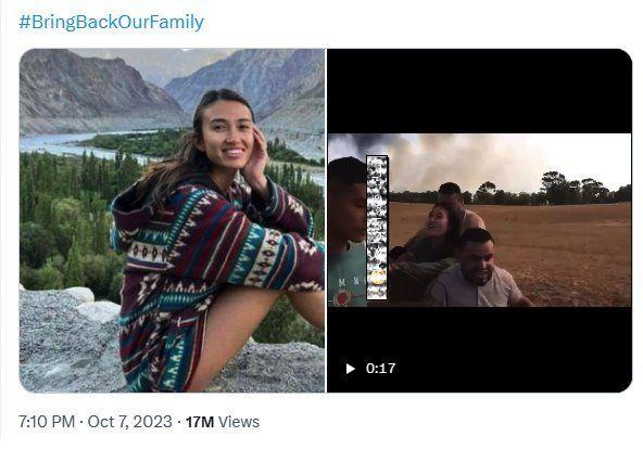 Twitter / X Post showing '#BringBackOurFamily', a photo of Noa Aramani and a video of her being dragged through a field by militants