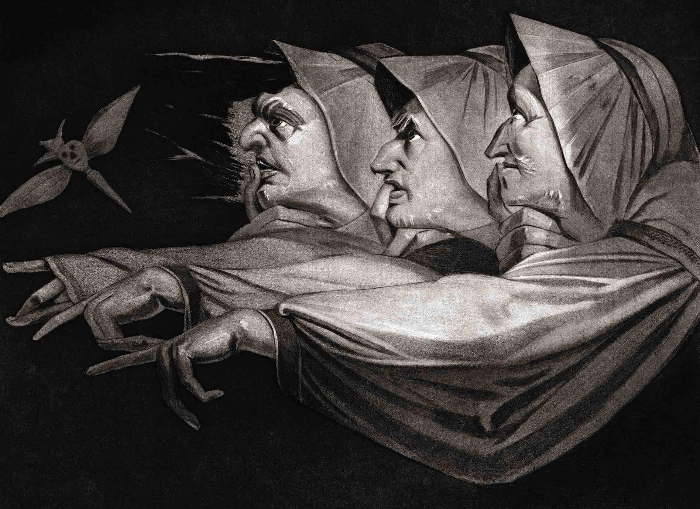 مطبوعة من القرن التاسع عشر للفنان السويسري هنري فوسيلي توضح الفصل الأول، المشهد الأول من مسرحية ماكبث بقلم ويليام شكسبير حيث تقوم ثلاث ساحرات بإلقاء تعويذة