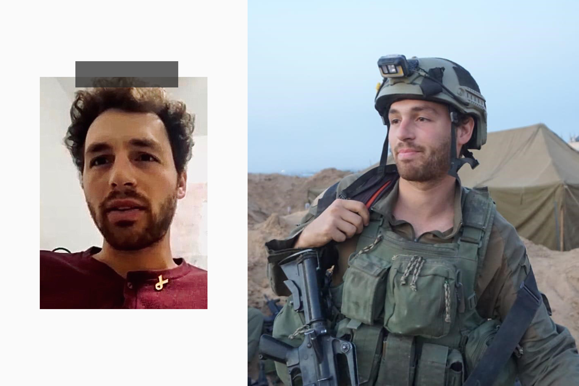 Duas fotos de Yuval Green lado a lado, uma em traje civil, e a outra de uniforme militar 