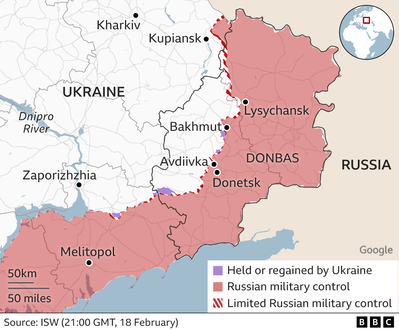 Map showing location of Avdiivka within eastern Ukraine