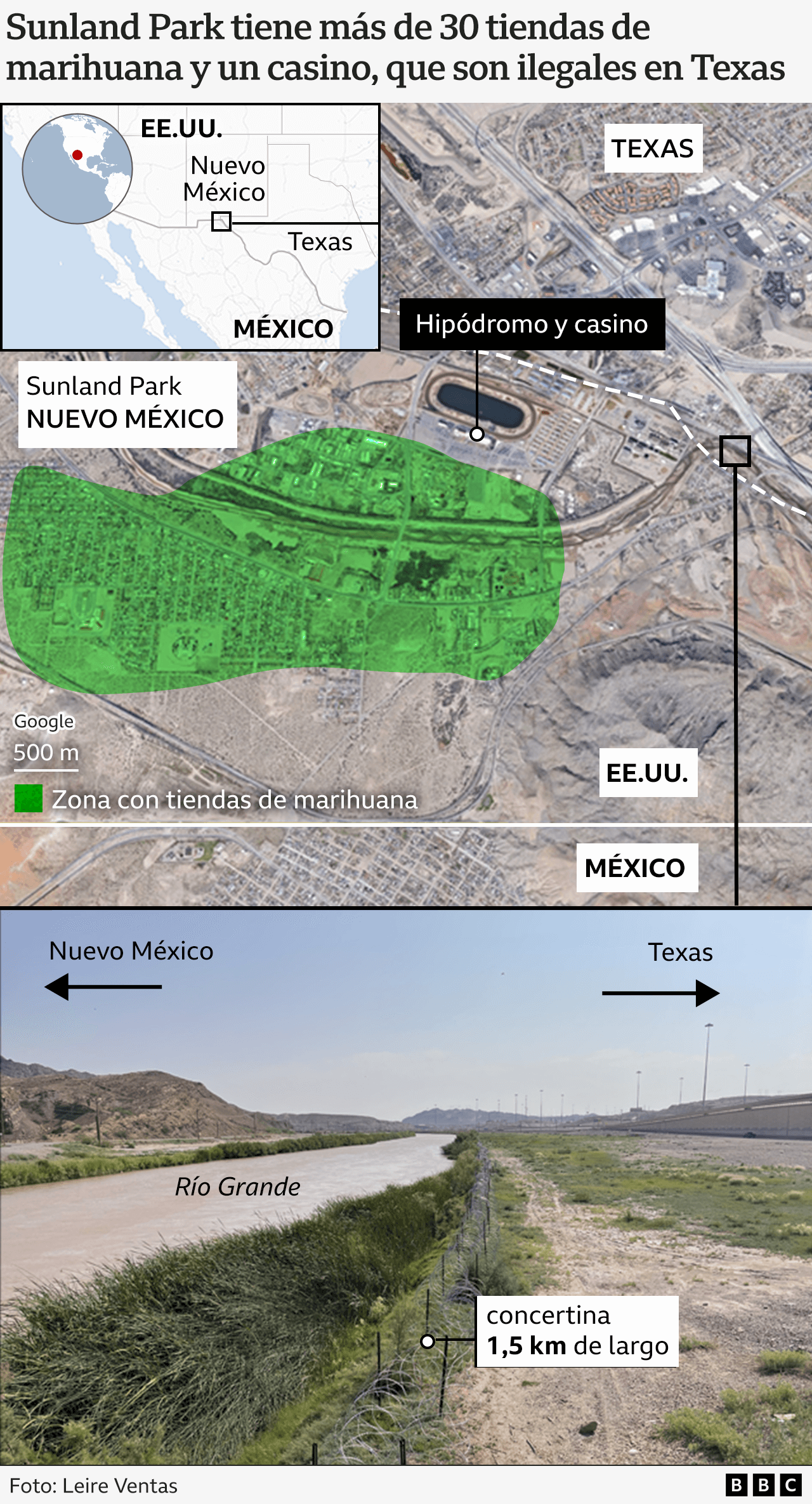 Mapa de Sunland Park con la zona de ventas de marihuana y la concertina que separa Nuevo México de Texas marcados.