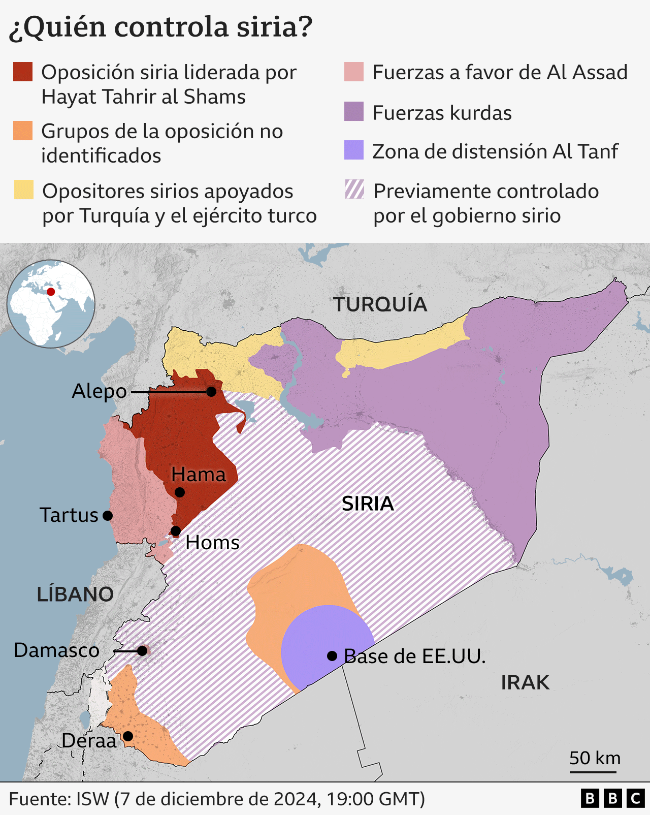 Mapa que muestra qué zonas de Siria controla cada grupo.