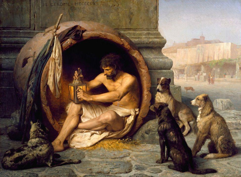 Diógenes sentado en su tinaja con cuatro perros a su alrededor