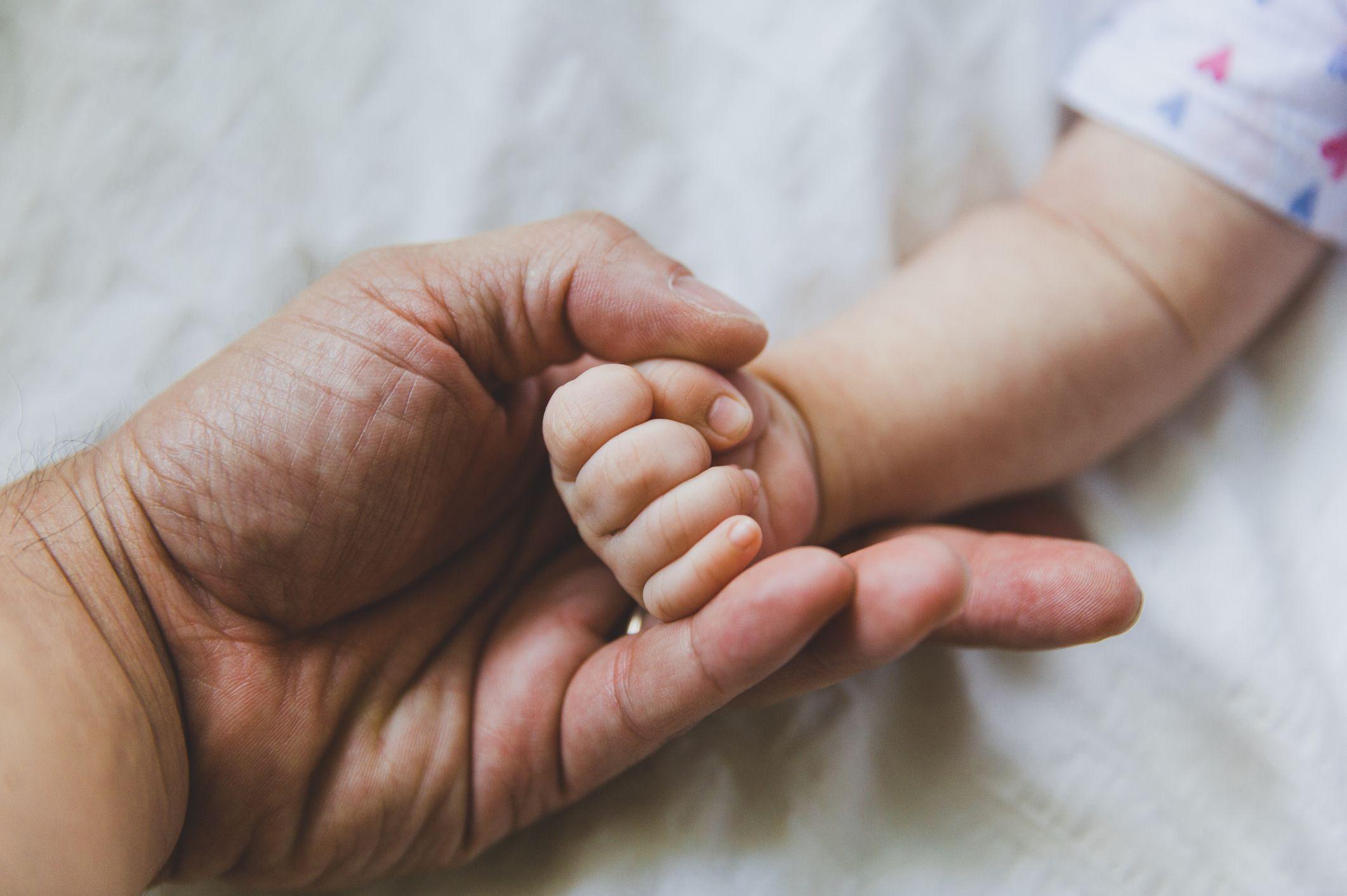 mão de adulto segura mão de recém-nascido