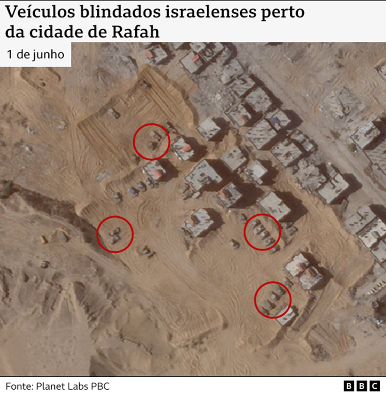 Imagem de satélite de veículos blindados israelenses perto de Rafah