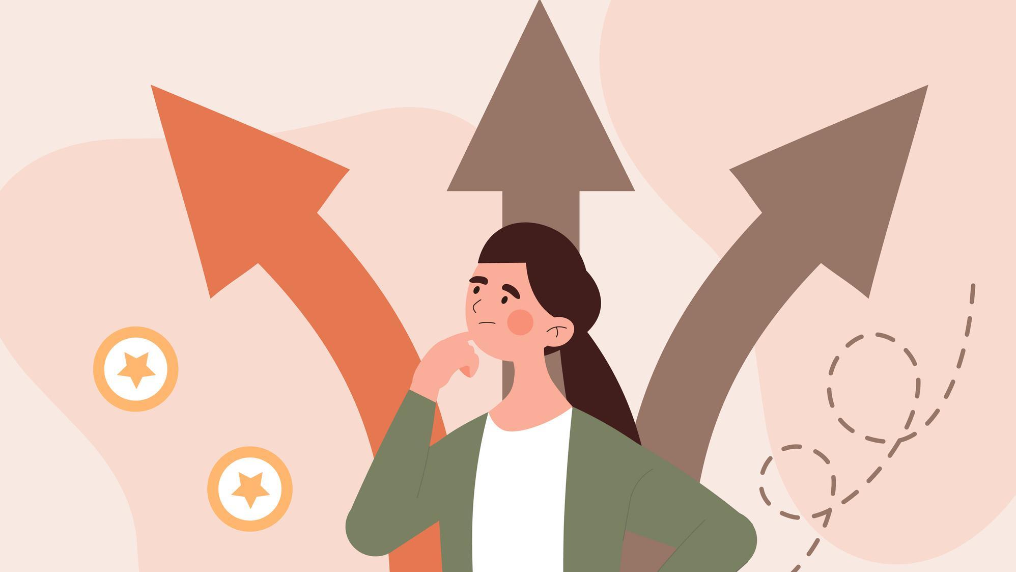 Ilustración de una mujer en duda con flechas apuntando a varios caminos.