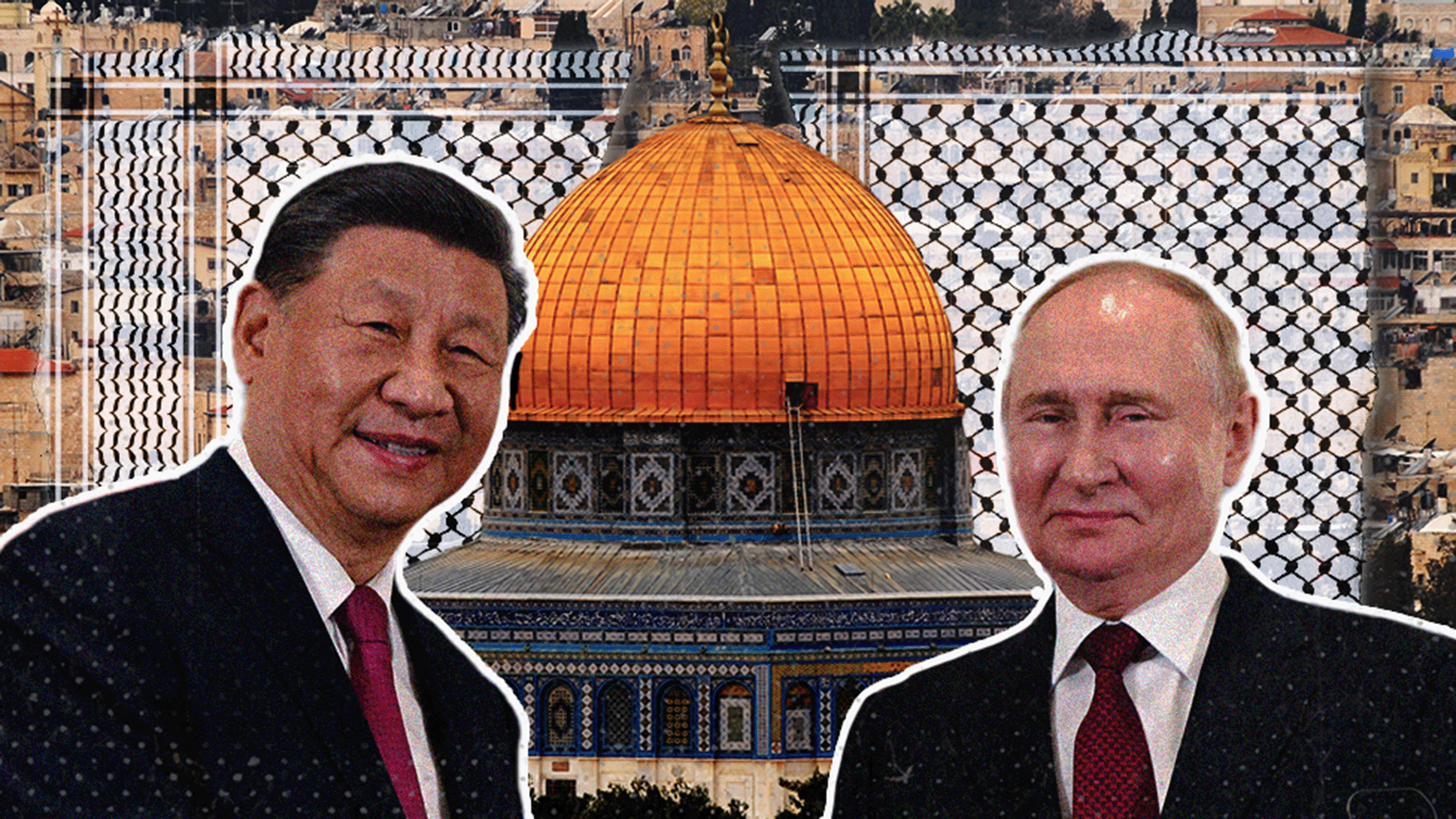 Collage de Vladimir Putin y Xi Jinping con la mezquita de la Roca de Jerusalén de fondo.