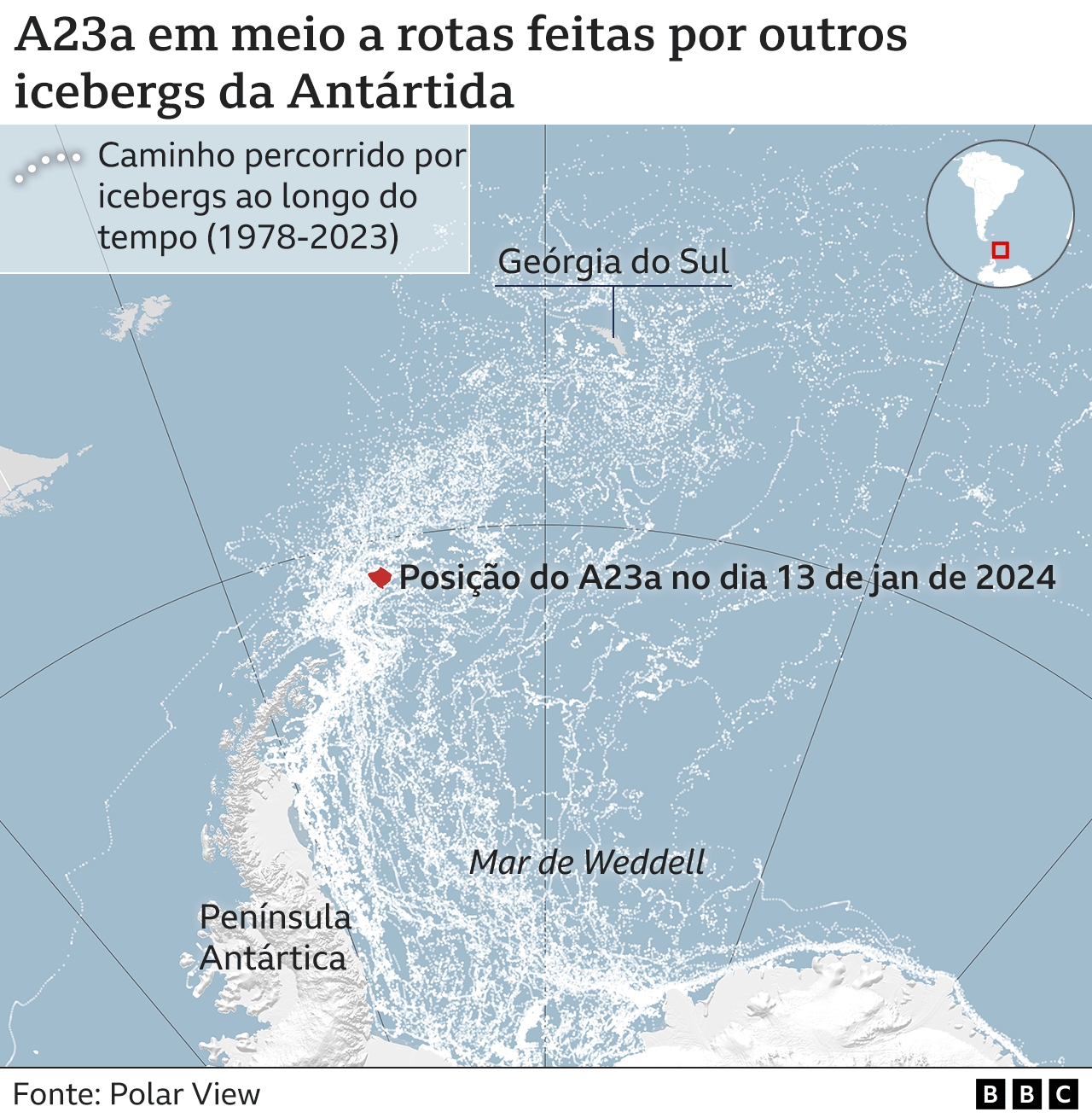 Arte mostra posição atual do A23a