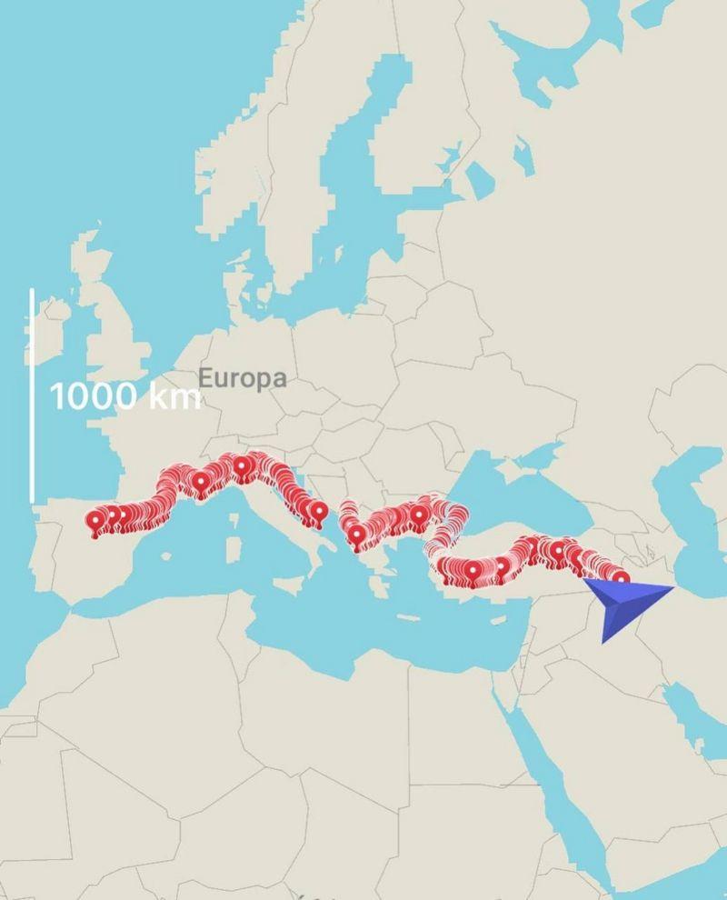 La ruta que tomó Santiago Sánchez desde España hasta Irán