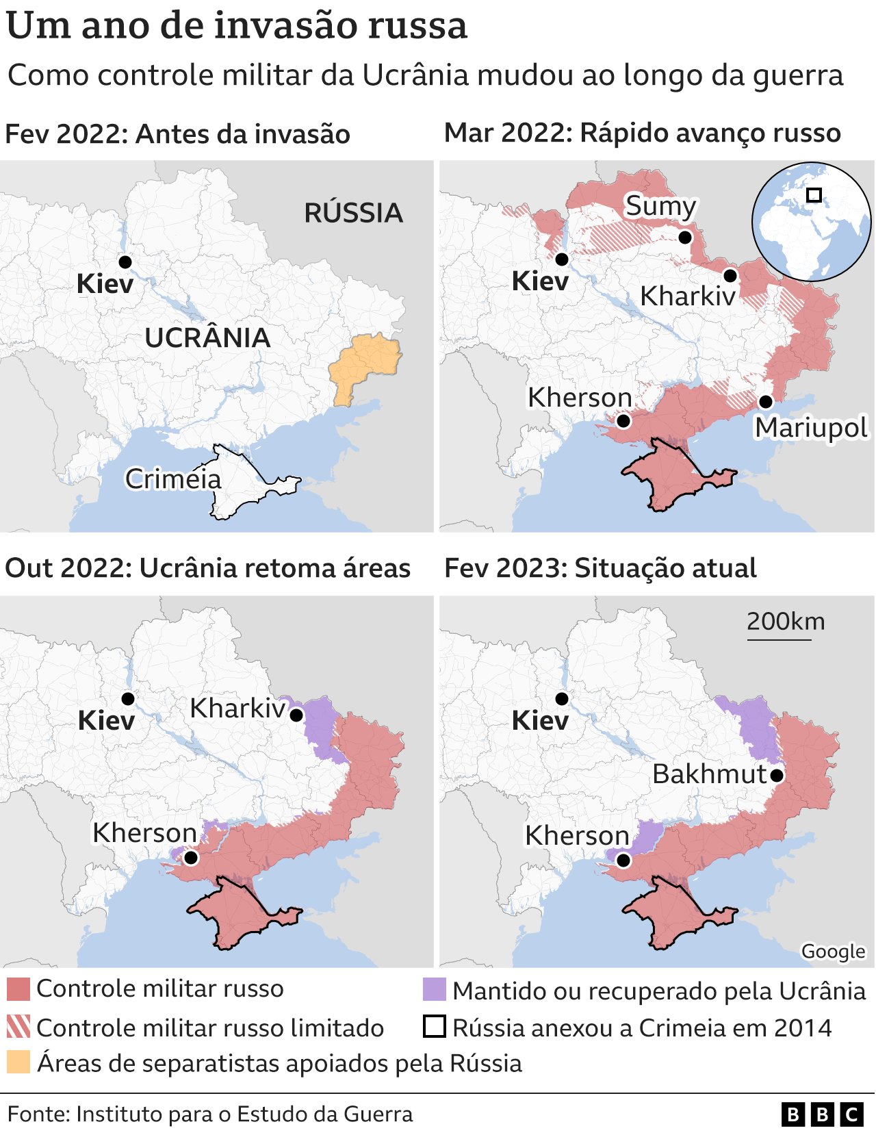 Mapas mostram como controle militar da Ucrânia mudou ao longo da guerra