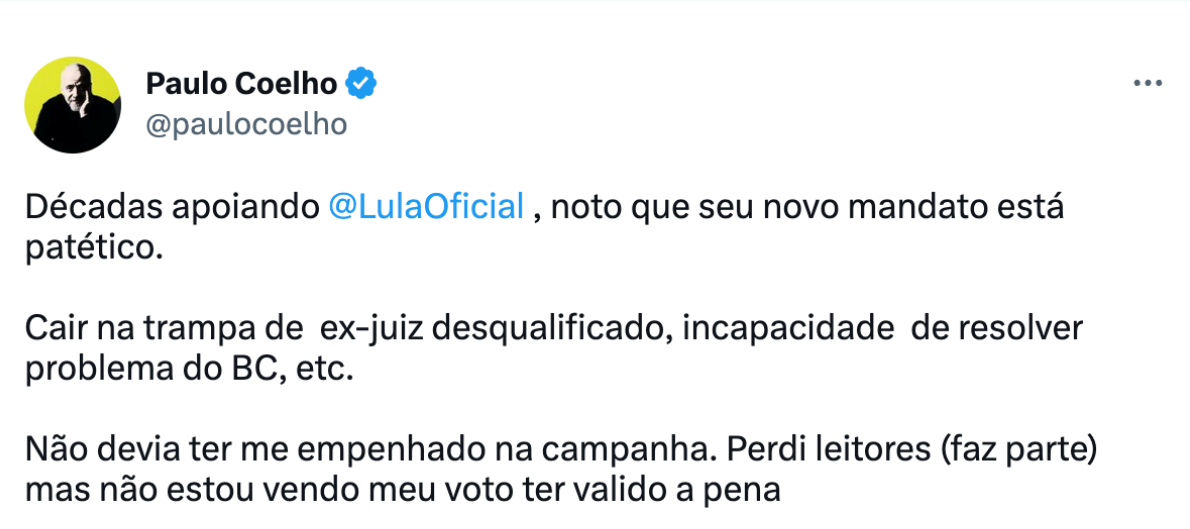 Imagem do post de Paulo Coelho no Twitter crítico a Lula 