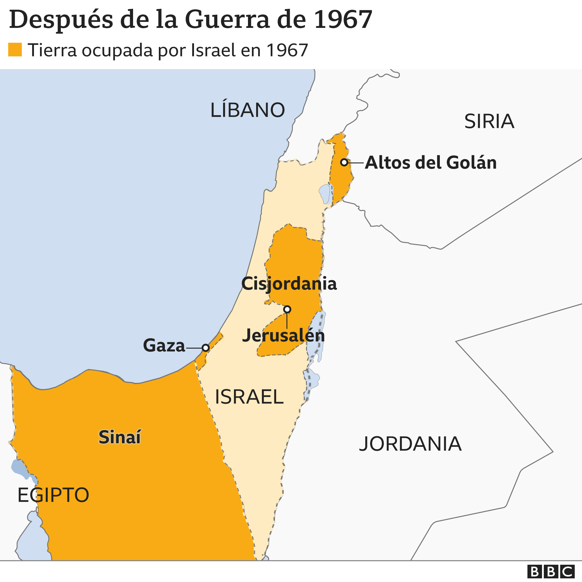 Mapa de los territorios conquistados por Israel tras le guerra de 1967