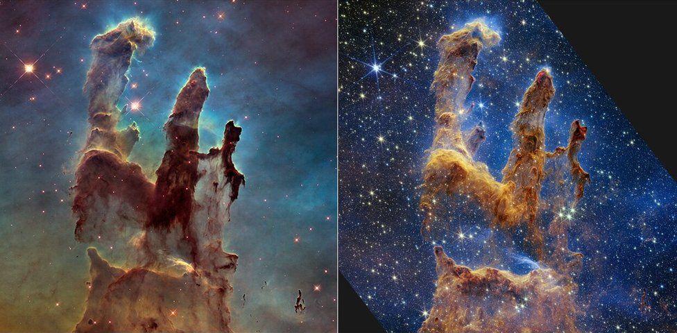 Hubble’ın fotoğrafı (solda) ve James Webb’in fotoğrafı (sağda). Yeni teleskobun kızılötesi detektörleri toz bulutlarının iç yüzünü görmemizi sağlıyor