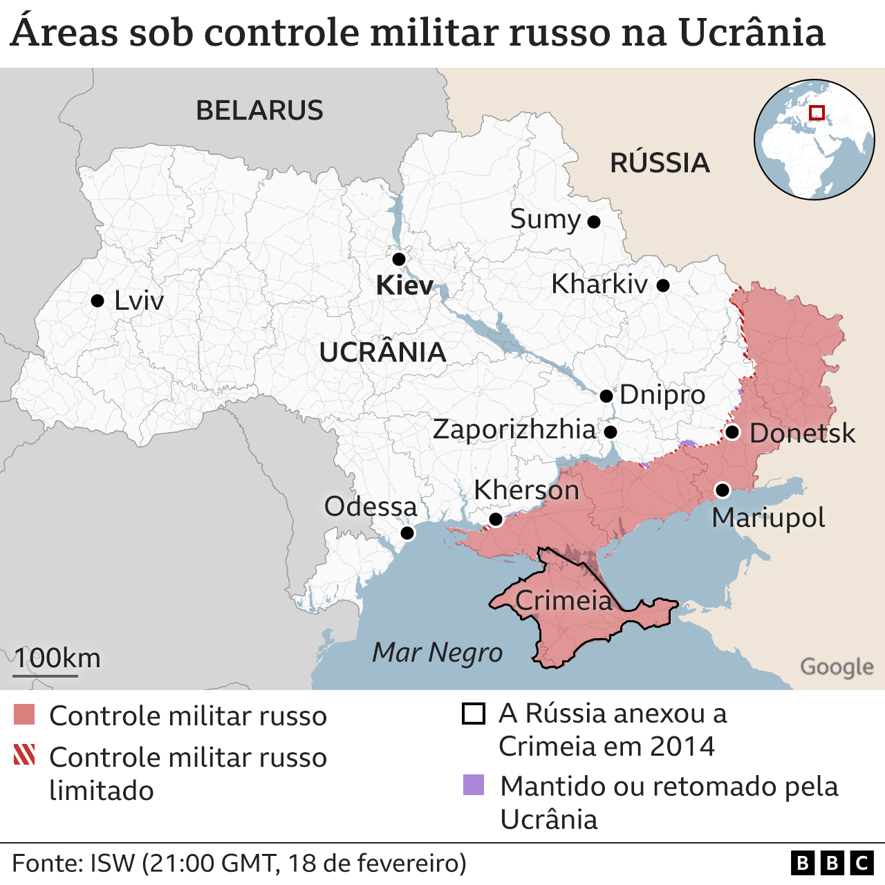 Mapa mostra área sob controle militar russo na Ucrânia 