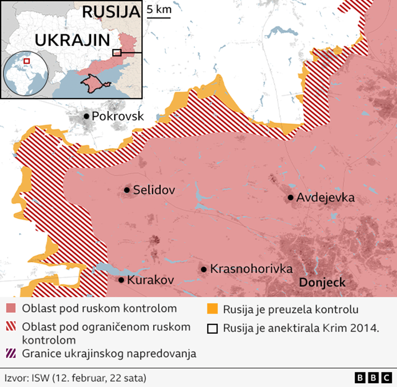 Mapa koja bliže prikazuje zone ruske kontrole u istočnom delu Ukrajine