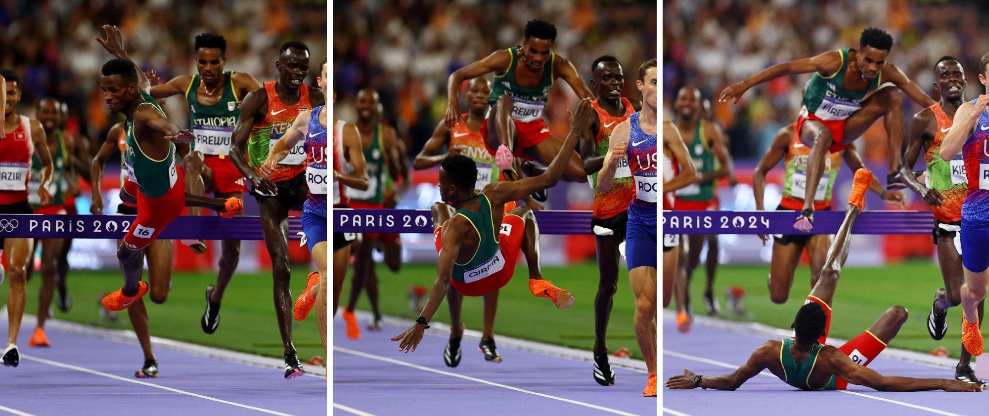 Secuencia de la caída de Lamecha Girma en la pista del Stade de France.