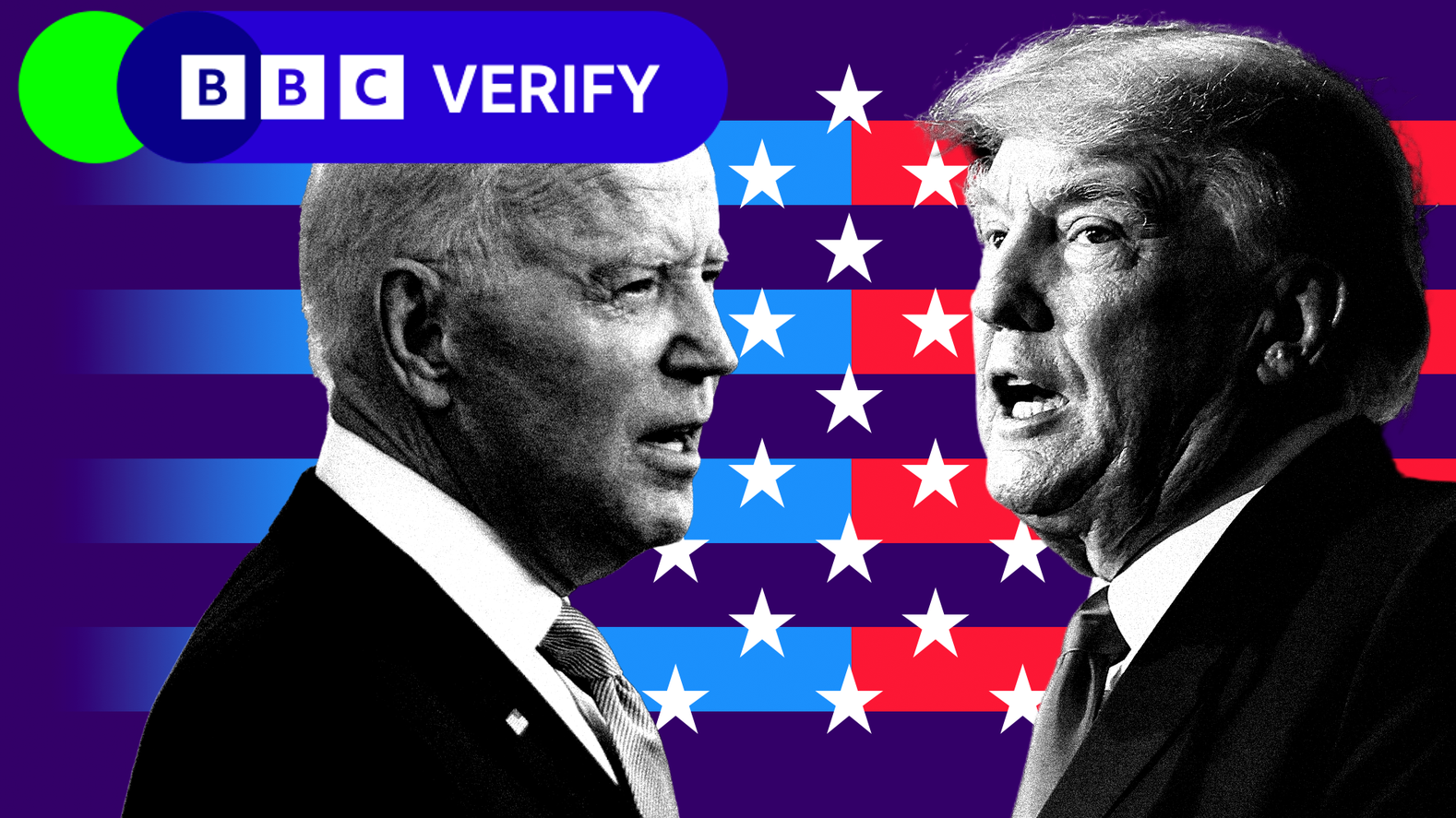 Montaje de imágenes de Joe Biden y Donald Trump, con gráficos en el fondo que aluden a la bandera de EE.UU. y la marca de BBC Verify