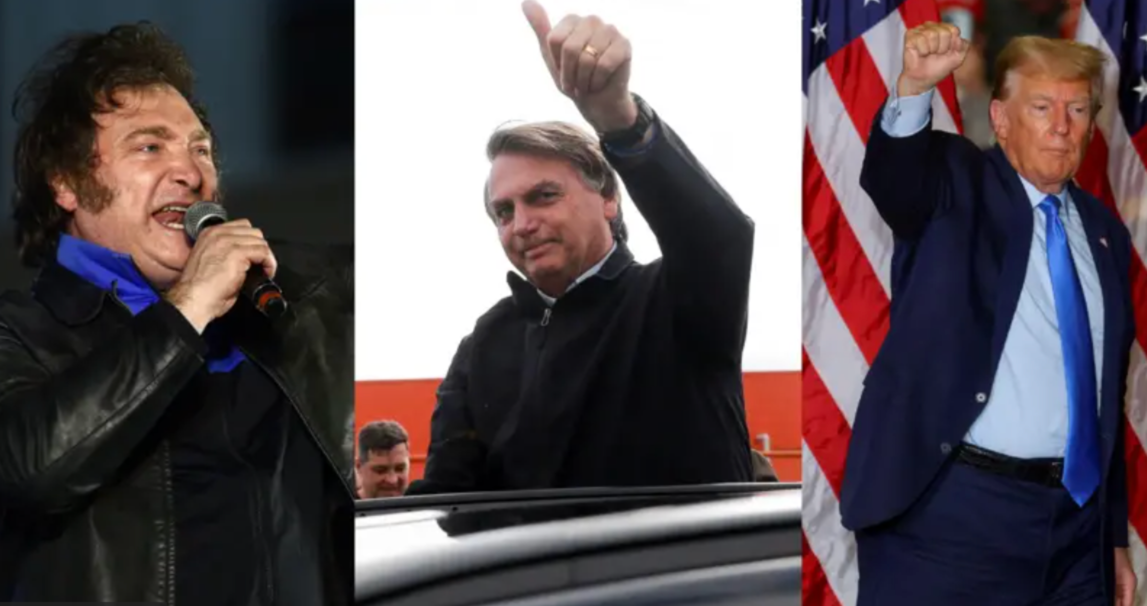 Montagem com fotos de Javier Milei, Jair Bolsonaro e Donald Trump