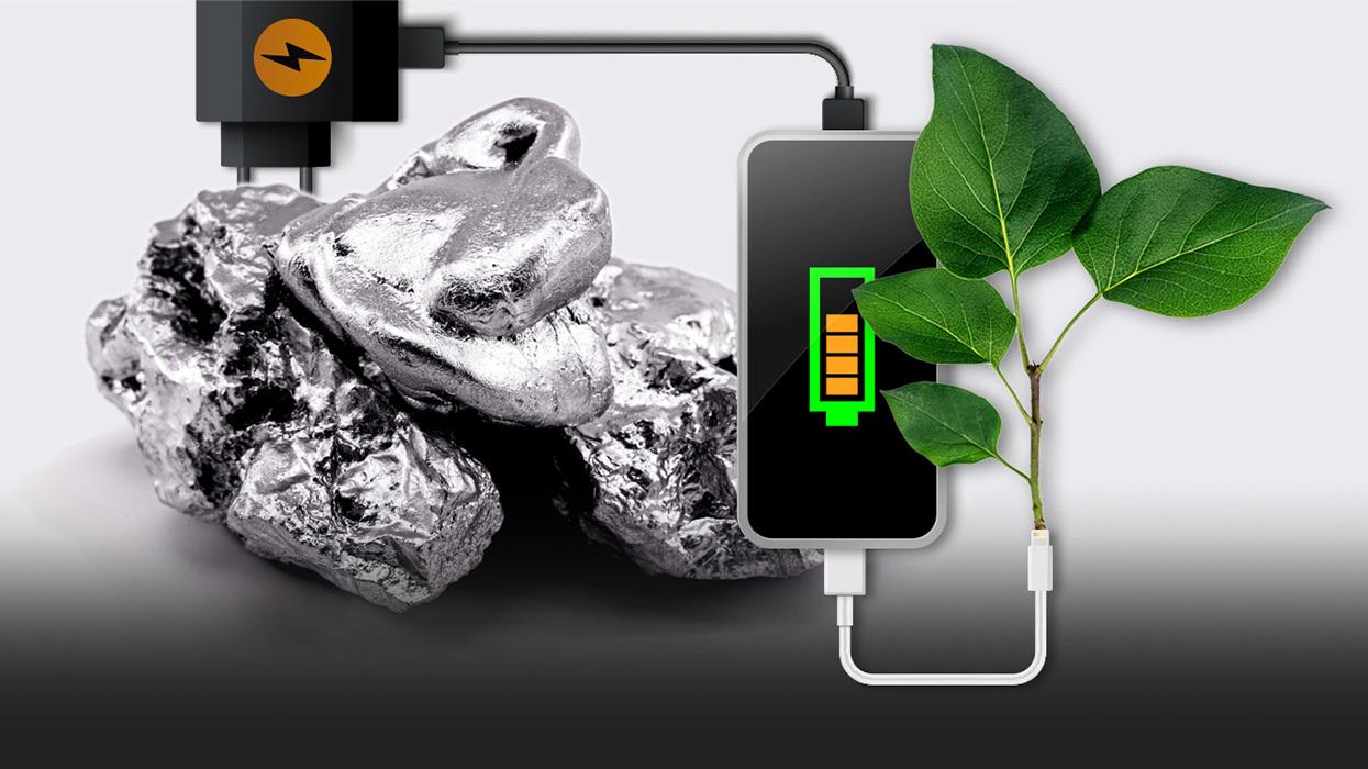 Fotografía de neodimio en un recipiente. El mineral se utiliza para fabricar los potentes imanes que se usan en altavoces y discos duros de computadora.